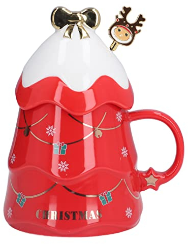 Kuuleyn Weihnachtskaffeetasse mit Deckel, 500ml Großes Fassungsvermögen Weihnachtstasse Keramik Tee Milchtasse Kaffeetasse mit Deckellöffel für Home Office und Camping Weihnachtsgeschenke(rot)