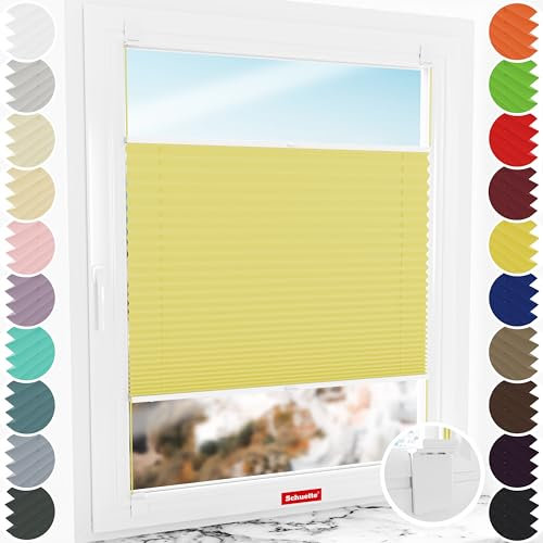 Schuette® Plissee ohne Bohren zum Kleben ● Premium Kollektion: Summer Time (Gelb) ● 135x100cm (Breite x Höhe) ● Suprafix Faltrollo Klebehalterung ● Bequeme Rollo Montage inkl. Video