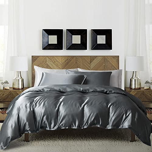 Luofanfei Satin Bettwäsche Set 135x200 Grau Anthrazit Dunkelgrau Uni Glänzend Seide Glatt Glanzsatin Bettbezug Set Luxus Einfarbig Bettwäsche Set Polyester Einzelbett mit Reissverschluss