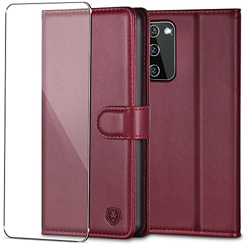 Handyhülle für Samsung Galaxy S20 FE Hülle mit Panzerglas Schutzfolie Premium PU Leder Klapphülle Case Brieftasche Kartenfach Ständer Magnet Handytasche Cover Schutzhülle für Samsung S20 FE - Weinrot