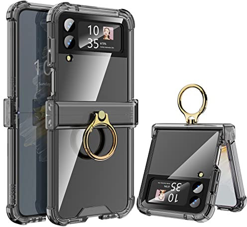 Clear Galaxy Z Flip 4 Case Compatible with Samsung Flip 4 Case Hinge Protection with Kickstand Protective Cover for Samsung Galaxy Z Flip 4 5G (2022) - Black