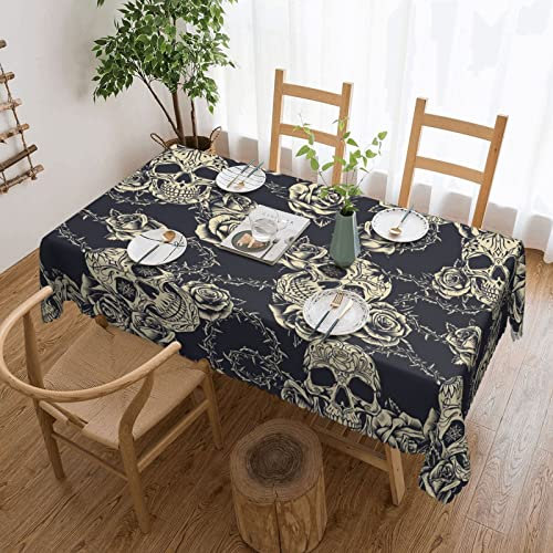 Rechteckige Wachstischdecke Schädel Rosen Schwarz Weiß Wachstischdecke Wetterfeste Tischtuch Abwaschbar Wachstuchtischdecke Für Garten Party Picknick,137X183cm