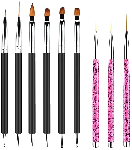 9 Pièces Nail Art Design Pinceaux, 6 pinceaux Double Tête pour nail art, 3 pinceaux en Détail à Ongles, Nail Art Pinceau pour La Peinture et pointiller, pour Nail détails de DIY