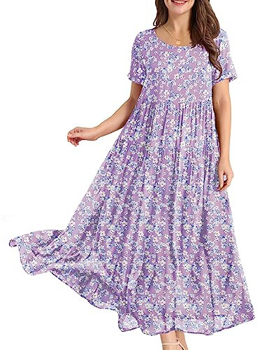 YESNO Women Dresses Casual Plus Size Bohemian Short Sleeve Floral Long Maxi Summer Beach Swing Dress/Pockets 4XL EJFUK CR345
