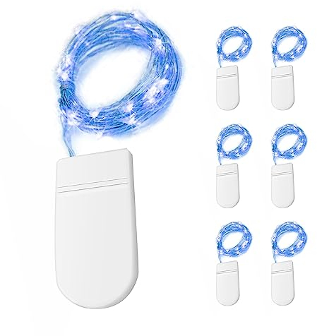 6 x 20er Micro LED Lichterkette mit CR2032 Batterie betrieb Auf 2 Meter Silberdraht für Party, Garten, Weihnachten, Halloween, Hochzeit, Beleuchtung Deko,Blaues Licht