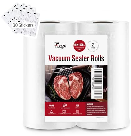 Fitge Vakuumierbeutel 170µm 15x1500cm/2 Rollen für alle Vakuumiergeräte Vakuumrollen für Lebensmittel BPA-frei Vakuumbeutel stark & reißfest Vakuumierfolie Profi Folienrollen Sous Vide Gefrierbeutel