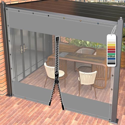 AMXFS Tarpaulin Transparent with Eyelets Waterproof 0.55mm,2mx3m Grey | PVC 580 g/m² Heavy‑Duty Weatherproof Tarp,Rain Protection for Terrace, Pavilion, Gazebo & Balcony, With 1 Zipper
