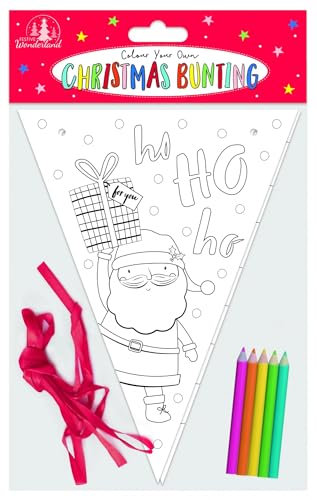 Tallon International Colour Your Own Christmas Bunting - Craft Kit - 8 Paper Flags with Images to Colour,White(XK0078)