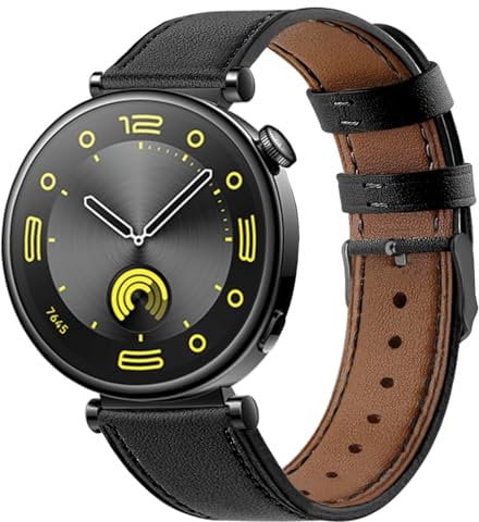 Armband für Huawei Watch GT 4/GT 5 41mm Leder Uhrenarmbänder, 18mm Armbänder Echtleder Ersatz Lederband für Damen Herren - Schwarz