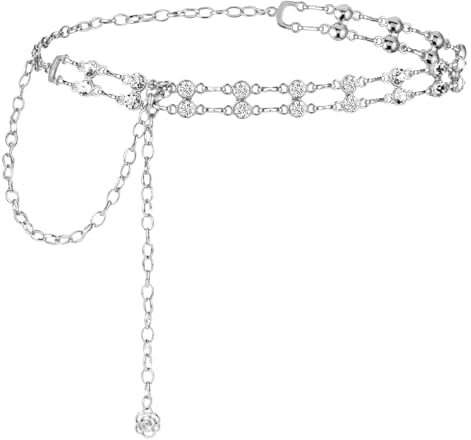 Amaxiu Women Rhinestone Chain Belt, Crystal Link Metal Dress Waist Chain Belt (Silver)