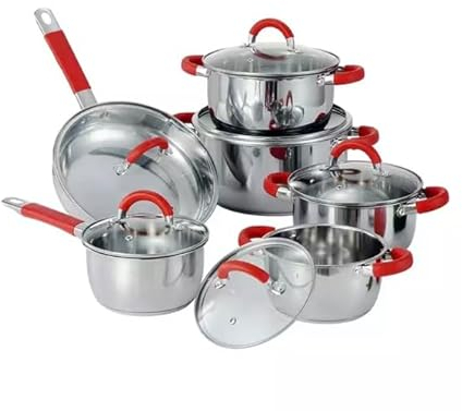 HOME-24 Bateria de cocina de 6 piezas en acero inoxidable, sartén y cacerola incluidos para todo tipo de cocinas