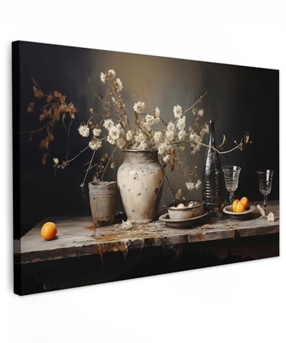 MuchoWow© Impression sur Toile Decoration Murale Peinture 90x60 cm Tableaux Decoratifs Muraux Déco Chambre Tableau Salon Nature morte - Fleurs - Bouquet - Vase - Vin