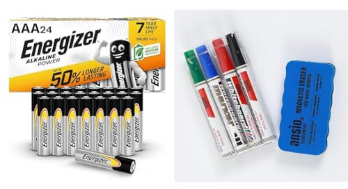 Energizer AAA Batteries, Alkaline Power, 24 Pack, Triple A Battery Pack - Amazon Exclusive & ANSIO Dry Wipe Whiteboard Marker Pen Set with Magnetic Eraser, White Board pens, Magnetic Eraser