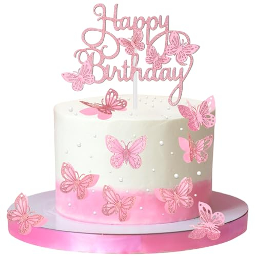 Schmetterlinge Tortendeko 13 Stück 3D Schmetterlings Happy Birthday Cake Topper Geburtstag Mädchen Süße Cake Topper Cupcake Topper für Geburtstagsfeier Hochzeits Kuchen Deko Hellrosa