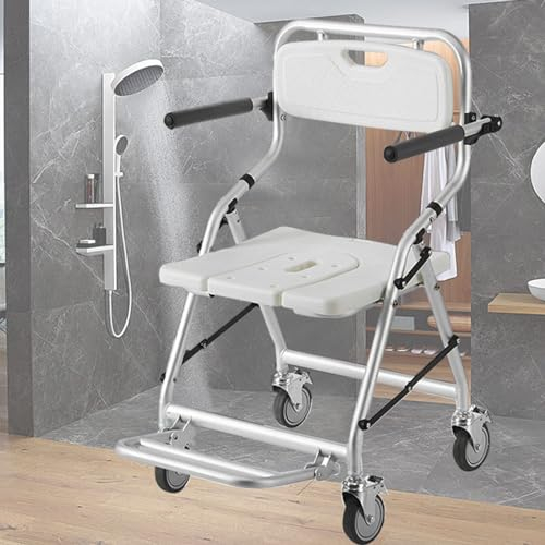 Sedia da Doccia con Ruote Pieghevole, Sedia per Doccia per Anziani con Freni e Braccioli Pieghevoli, Sedia da Bagno Disabili Anziani, Massimo Carico 120kg, Lega di Alluminio Materiale