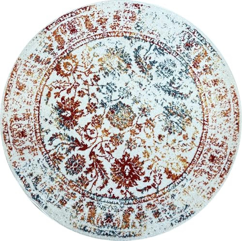 Muratap Vintage Teppich Van Gogh - Traditioneller Teppich Kurzflor Klassich und Modern Orientalisch Muster für Wohnzimmer und Schlafzimmer - Große: 160 cm - Rund - Farbe: Mehrfarbig