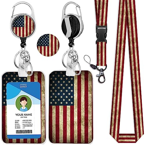 bolimoss Schlüsselband mit Kartenhalter, USA-Flagge, Schlüsselband mit einziehbarem Ausweishalter, Kunststoff-Ausweishalter, Schlüsselhalter