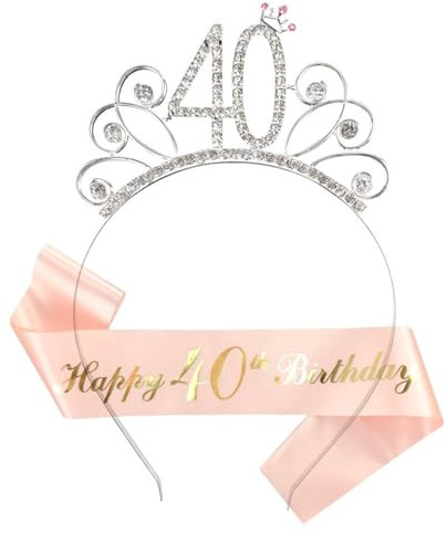 KOQAIIZ 40. Geburtstag Krone Schärpe, Geburtstag Tiara Silber Geburtstag Schärpe Roségold, 40 Birthday Geburtstag Schärpe für 40. Geburtstag Frauen deko Accessoires Geschenk