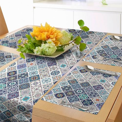 ABAKUHAUS traditionell Tischläufer & 4 Stück Tischsets, Portugiesisch Historisch Azulejo Mosaik Fliesen Marokkanisch Keramisch Motiv, Tischdeko-Set, 180 x 40 cm, Hellblau Weiß