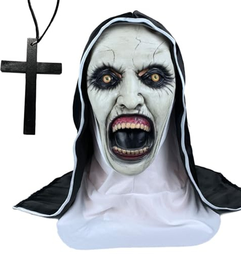 Gruselige Nonnen Maske mit 1 Kreuz, The Nonn Gruselige Latex- Maske, Halloween Nonne Cosplay Scary Latex Horror Maske mit Kopftuch für Erwachsene Halloween Cosplay Kostüm Party Requisiten (Art-2)