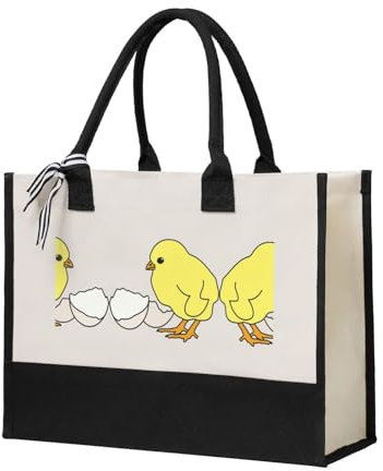 DUORHEV Einkaufstasche aus Segeltuch mit Hühner-Aufdruck, wiederverwendbar, Geschenktasche, beige, Einheitsgröße