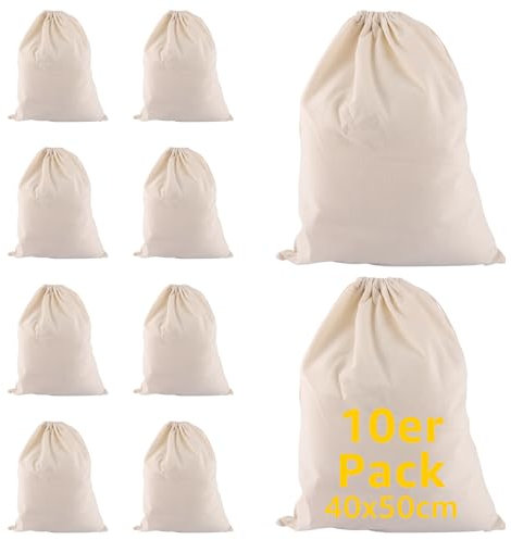 LOPYXBR 10 Stück Baumwollbeutel Groß, 40x50 cm Stoffbeutel mit Kordelzug, Beige Baumwollsäckchen, Einkaufsbeutel mit Kordelzug zum bemalen, Naturfarben Ungefärbt Jute Rucksack