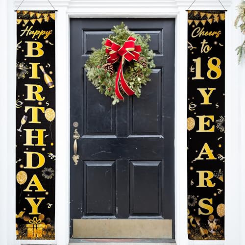 Happy 18th Birthday Party Decorations Black Gold 18th Birthday Door Banner Porch Hanging Banner, 18th Birthday Door Decorations for Girls Her 18 Year Old Indoor Outdoor Garden Black Gold