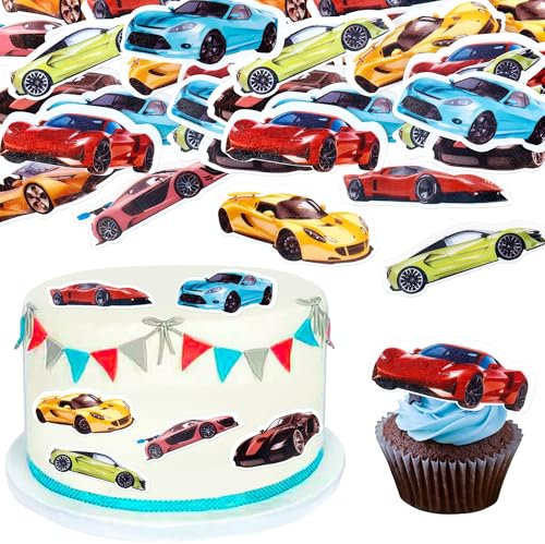 Blumomon 45 Stück Essbare Sportwagen Car Cupcake Toppers Lass Uns Rennen Fahren Alles Gute zum Geburtstag Cupcake Toppers Fighting Cupcake