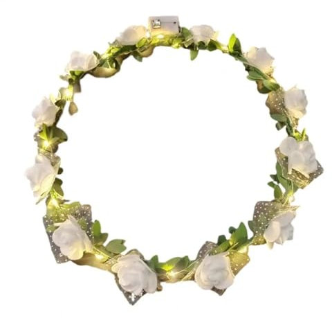 YUEZHAN Headband Bandeau Cheveux Femme Romantique Rougeoyant Guirlande Lumière Rose Fleurs Bandeau Bandeau Mariage Fête Faveur Lumineux Cheveux Guirlande Blanc