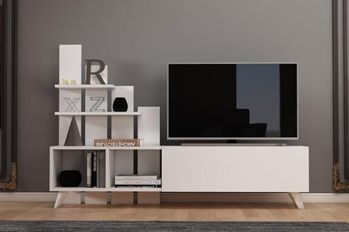 Hanah Home Modern White TV Stand, 160 cm x 115 cm x 33 cm | 100% Melamine Coated Particle Board, 18 mm Thick | Stylish & Functional for Living Room & Entertainment Spaces