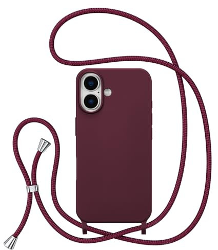ZTOFERA Crossbody Lanyard Case for iPhone 16 (6.1), Liquid Silicone Protective Phone Case with Strap Adjustable Neck Cord Necklace Soft Cover for iPhone 16, Wine Red