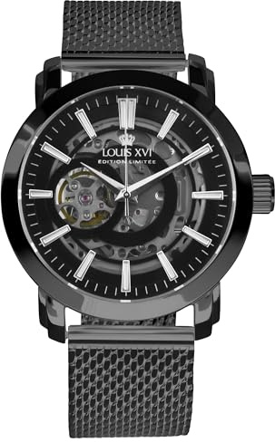 LOUIS XVI Versailles 2.0 Automatik 1930 - Ø 43.5 mm - Herren Uhr - Wasserdicht - Skelettuhr - Armband Schwarz - Zifferblatt Schwarz – Automatikuhr