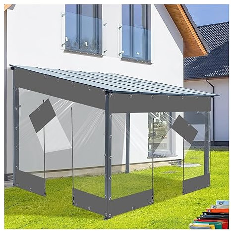 GHHDPDMJ Clear Waterproof Tarp with Grommets and Zipper Door PVC Side Panels for Tarp Curtains (Clear with Grey Stitching Size: H2.6xW5.5m/H8.5xW18ft)
