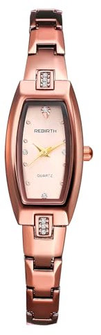 JewelryWe Damenuhr Klein Tonneau Uhr: Analog Quarz Armbanduhr Damen Rosegold Schmales Wolframimitat Edelstahl Armband Luxus Ultradünne Uhr mit Rechteckigem Diamantskala Zifferblatt