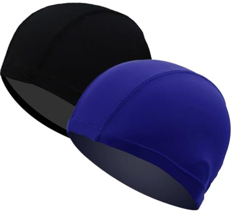 KEQAR Cuffia Piscina in Tessuto per Adulti e Bambini, Cuffie Nuoto Super Elastiche e Confortevoli, Alta Qualità, Adatte per Capelli Lunghi (nero + blu navy)