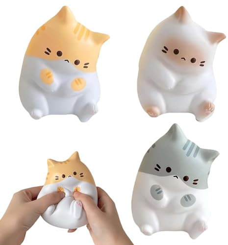 3 Stück Squishy Katze Stressball Kinder, Antistressball, Squishy Cat Stress Ball 5×7cm, Squishies Fidget Anti Stress Squeeze Toy Weich und Komfortabel Weiß Grau Gelb