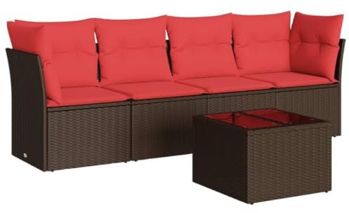 vidaXL Ensemble de 5 meubles de jardin avec coussins, salon de jardin modulaire, table avec plateau en verre, polyrotin marron