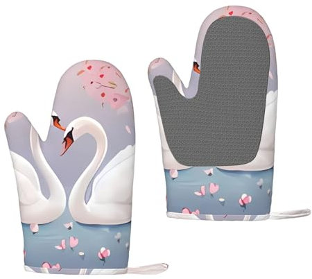 White Swans With Pink Floral Tree Heat Resistant Silicone Oven Mitts for Kitchen Cooking & Baking, Non-Slip Gloves with Hanging Loop