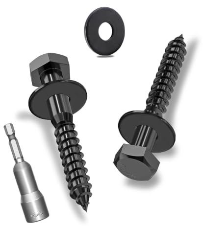 Ezitruz Lot de 15 vis à bois hexagonales M6 x 40 mm avec rondelles, vis hexagonales noires en acier inoxydable A2V2-DIN571, vis à clé avec rondelles et clé à douille