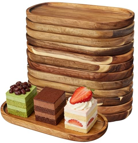 JTKDG 12 Pcs Acacia Wood Serving Trays, 25 x 12.5 cm Rectangular Wooden Serving Platter Charcuterie Boards Oval Wooden Plates for Serving Beverages Tea Plate Dessert Dinner Breakfast Plate