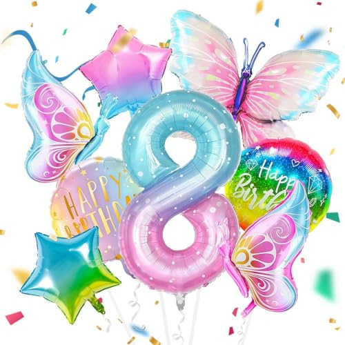 8 Stück 8 Jahre Schmetterling Geburtstag Deko, Schmetterling Folienballon | Party Ballon SchmetterlingG, für 8. Geburtstag Mädchen Deko