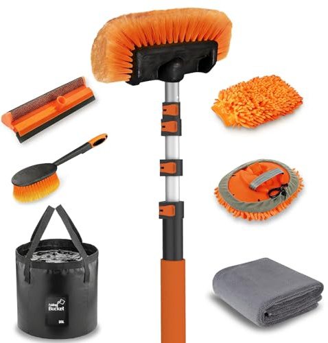 LAANPOLE 3.6m Car Wash Brush Long Handle, Car Cleaning Brush Kit with Soft Bristle Brush, Microfiber Cleaning Mop, Telescopic Window Cleaner, Mitt, Wheel Brush, Bucket for Caravan, Solar Panel, Boat