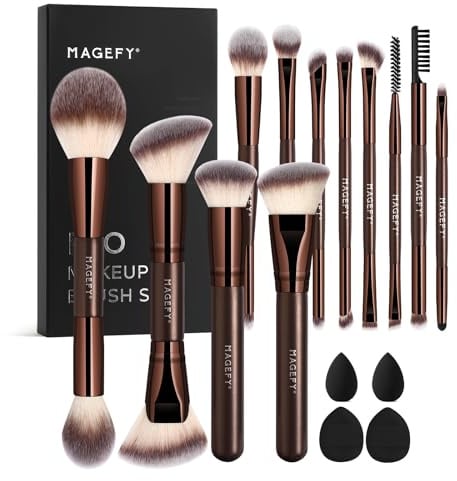 Makeup Brushes,12 Pcs Make up Brushes de Double Ended Professional Makeup Brush Set with 4 Pcs Makeup Puffs,Foundation Concealer Blush Eyeshadow Make-up Brushes Set, Coffee Gold
