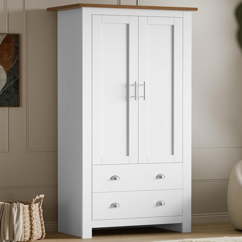 Blisswood 2 Door Wardrobe, MDF Wooden Bedroom Wardrobe with Hanging Rail, Modern Large Storage Cupboard Organiser with Shelf and 2 Drawers, Double Wardrobe for Bedroom Furniture (White& Oak)
