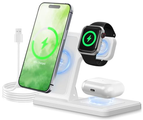 Charging Station, 3 in 1 Wireless Charger for iPhone, Foldable Stand(White) | Foldable Charger Stand for iPhone 17/17e/16/15/14/13/12, for Apple Watch Series, AirPods Pro 4 3 2, for Home Office(No Plug)
