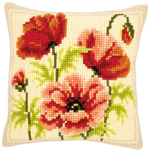 VERVACO Kreuzstich Stickpackungen Kissen Stickerei Set Anfänger Vorgedruckt Wilde Mohnblumen DIY Set Kreativ Set Für Erwachsene Dekoratives Kissen ca. 40 x 40 cm Bastelset Handwerker Haus Dekoration