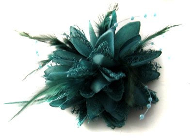 Caprilite Fleur à clip avec perles et plumes pour corsage ou cheveux Bleu sarcelle/turquoise foncé