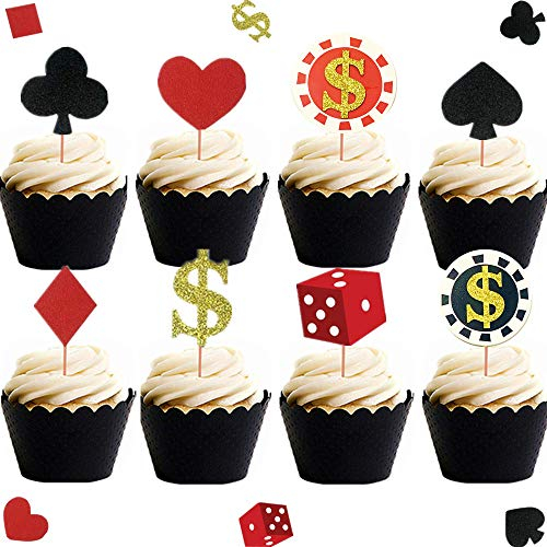 LaVenty Set mit 32 Casino Cupcake Aufsätzen Poker CupcakeTopper zum Geburtstag Kuchen Toppers Casino Poker Würfel Kuchen Dekoration Set schwarz rot Glitter Casino Chips Herz Cupcake Toppers