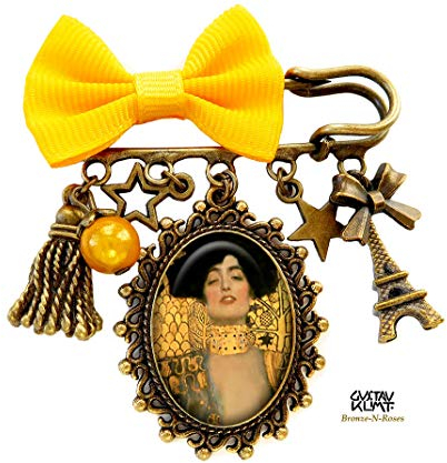 Broche rétro Judith Gustave Klimt cabochon tableau jaune vintage art cadeau