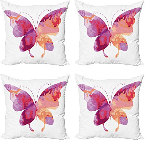 ABAKUHAUS Aquarelle Lot de Housses de Coussin en 4 pièces, Papillon avec des Ailes, Impression Numérique Recto-Verso Moderne, 60 cm x 60 cm, Saumon Rose et Fushia